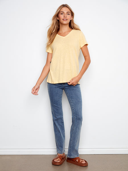 CHARLIE B C1231ZPK PREPACK LINEN V-NECK T-SHIRT- 3 COLOURS