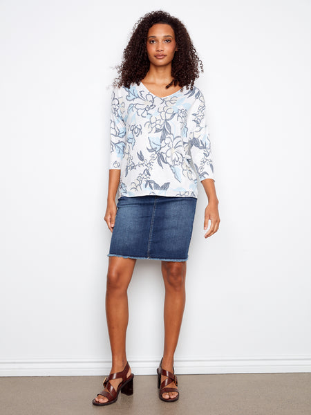CHARLIE B C1264DPK PRINTED JERSEY V-NECK 3/4 SLEEVE TOP