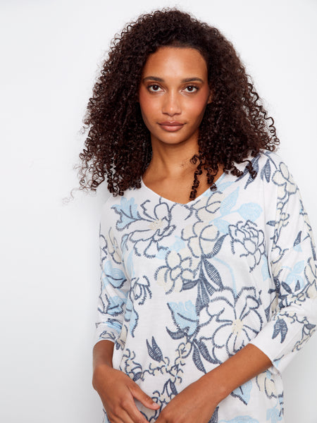CHARLIE B C1264DPK PRINTED JERSEY V-NECK 3/4 SLEEVE TOP