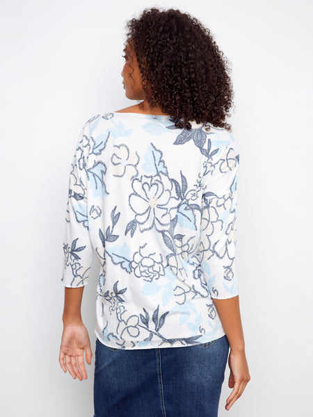 CHARLIE B C1264DPK PRINTED JERSEY V-NECK 3/4 SLEEVE TOP