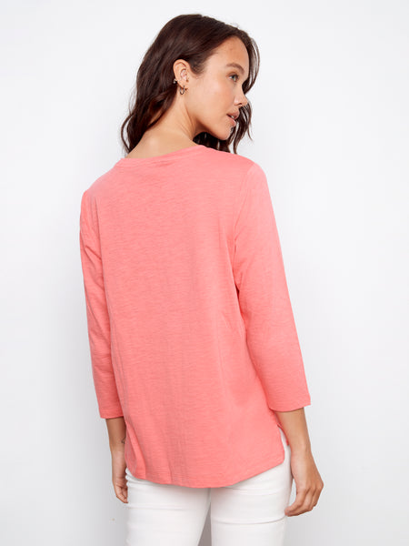 CHARLIE B C1293TPK 3/4 SLEEVE ORGANIC COTTON JERSEY TOP- 3 COLOURS