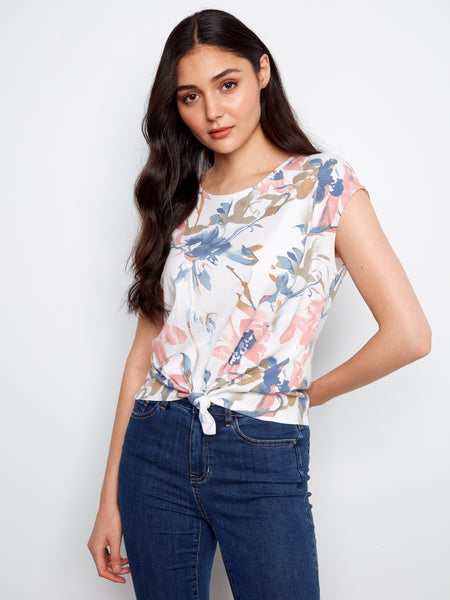 CHARLIE B C1301YPK CAP SLEEVE FRONT KNOT TOP
