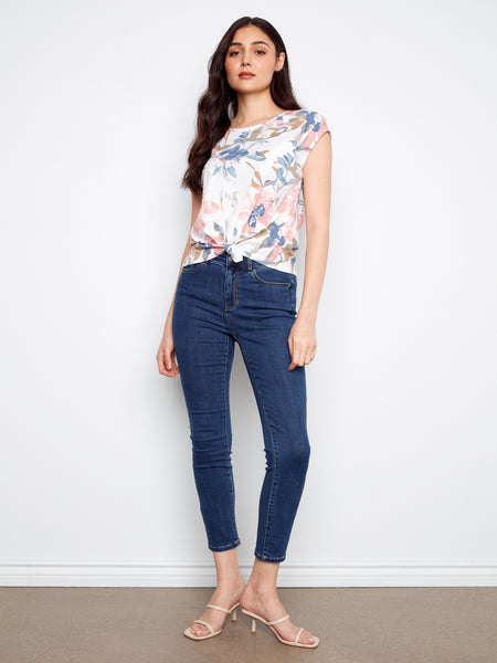 CHARLIE B C1301YPK CAP SLEEVE FRONT KNOT TOP