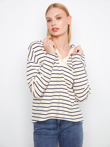 CHARLIE B C1351X V-NECK STRIPED HOODIE WITH HIGH LOW HEM