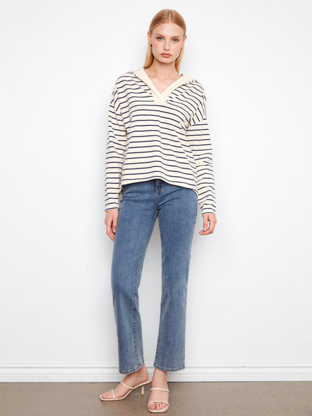 CHARLIE B C1351X V-NECK STRIPED HOODIE WITH HIGH LOW HEM