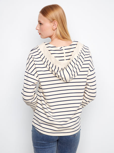 CHARLIE B C1351X V-NECK STRIPED HOODIE WITH HIGH LOW HEM