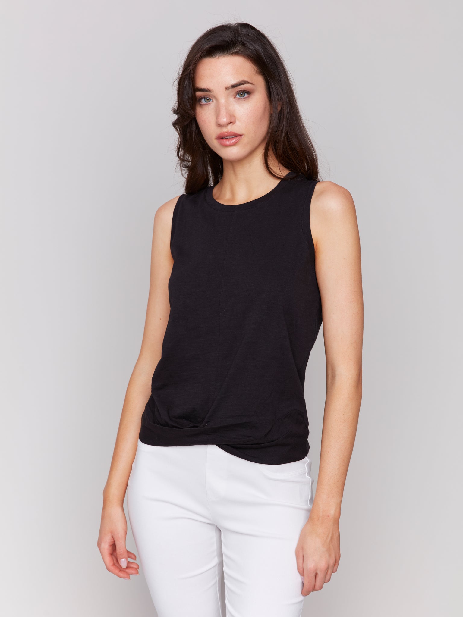 CHARLIE B C1365RPK SOLID COTTON SLUB TANK TOP WITH KNOT DETAIL- 5 colours