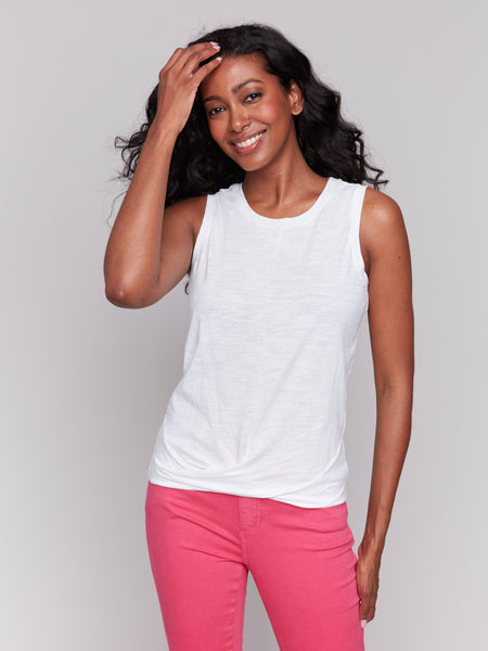 CHARLIE B C1365RPK SOLID COTTON SLUB TANK TOP WITH KNOT DETAIL- 5 colours