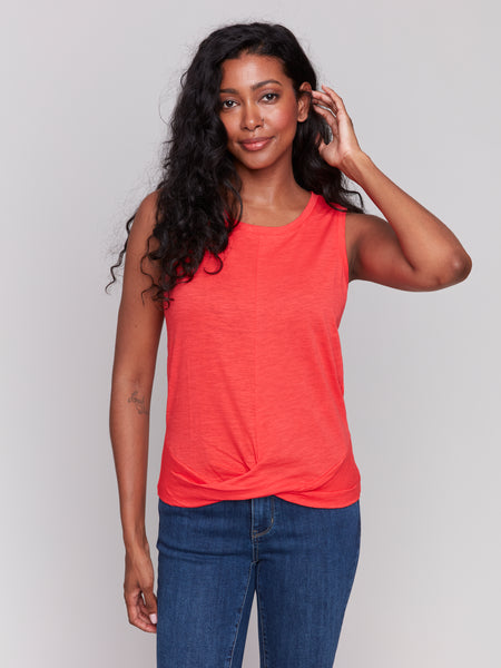 CHARLIE B C1365RPK SOLID COTTON SLUB TANK TOP WITH KNOT DETAIL- 5 colours