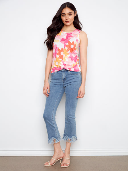 CHARLIE B C1365XPK PRINTED ORGANIC COTTON NECK TWISTED HEM AT FRONT - 2 COLOURS