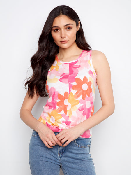 CHARLIE B C1365XPK PRINTED ORGANIC COTTON NECK TWISTED HEM AT FRONT - 2 COLOURS