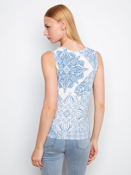 CHARLIE B C1365XPK PRINTED ORGANIC COTTON NECK TWISTED HEM AT FRONT - 2 COLOURS