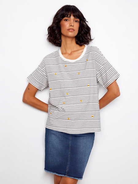 CHARLIE B C1387PK YARN DYE SHORT SLEEVE CREW NECK T-SHIRT WITH EMBROIDERY DETAIL