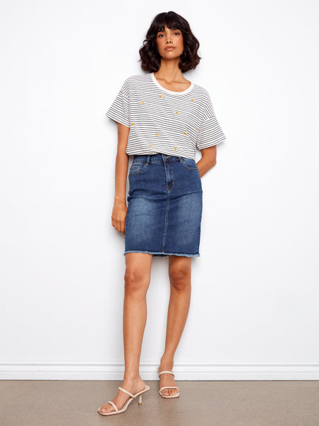 CHARLIE B C1387PK YARN DYE SHORT SLEEVE CREW NECK T-SHIRT WITH EMBROIDERY DETAIL