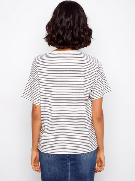 CHARLIE B C1387PK YARN DYE SHORT SLEEVE CREW NECK T-SHIRT WITH EMBROIDERY DETAIL