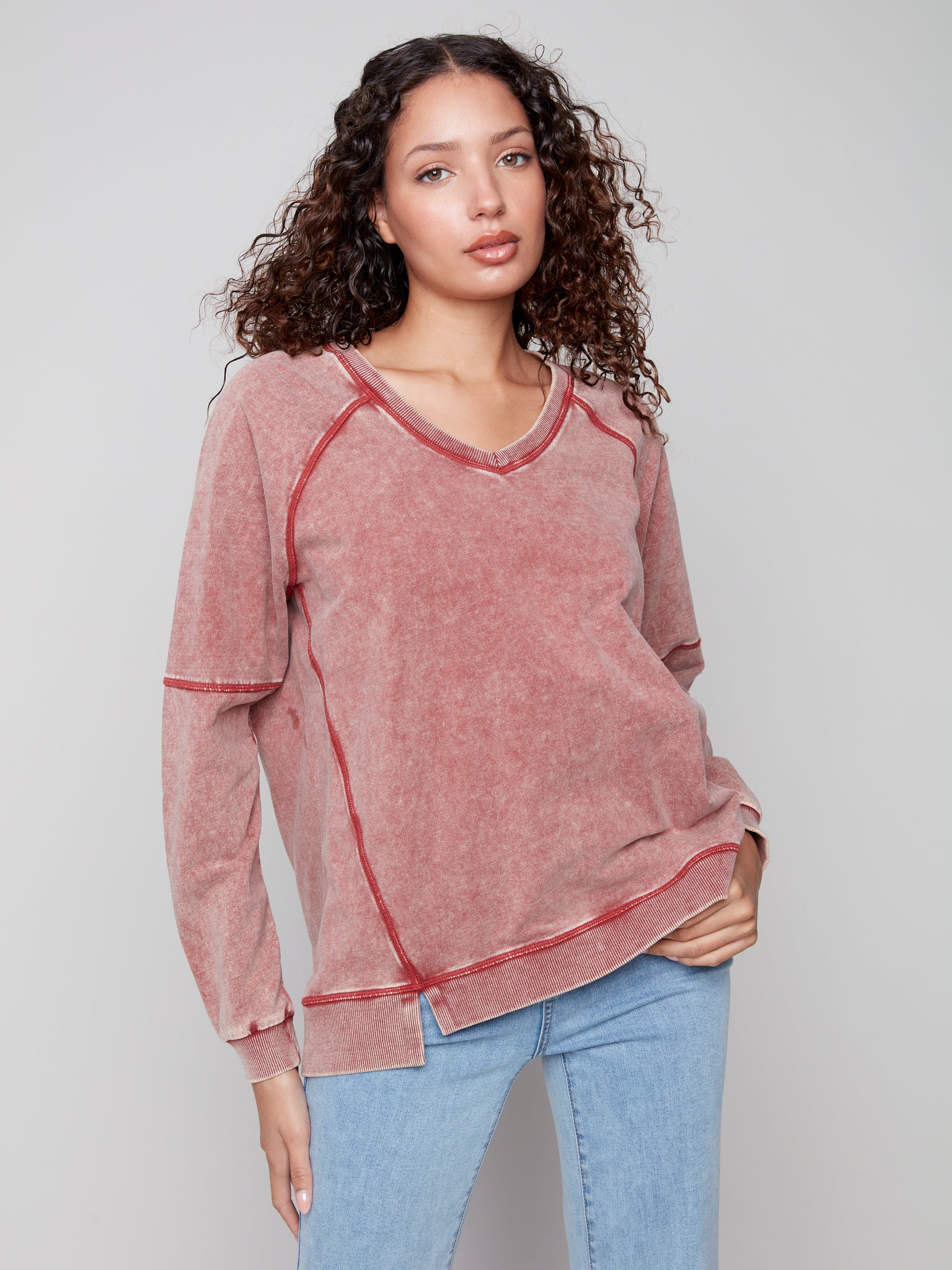 CHARLIE B C1407 COLD DYE FRENCH TERRY V-NECK RAGLAN SLEEVES TOP 2 COLOURS