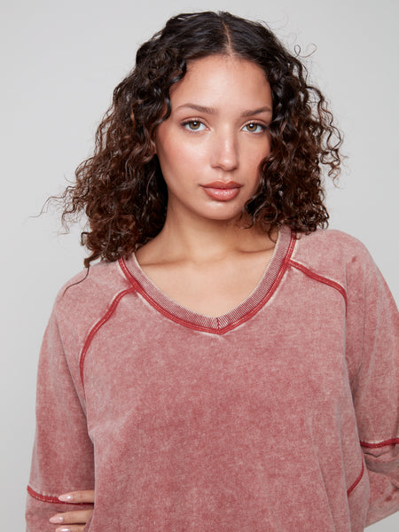 CHARLIE B C1407 COLD DYE FRENCH TERRY V-NECK RAGLAN SLEEVES TOP 2 COLOURS