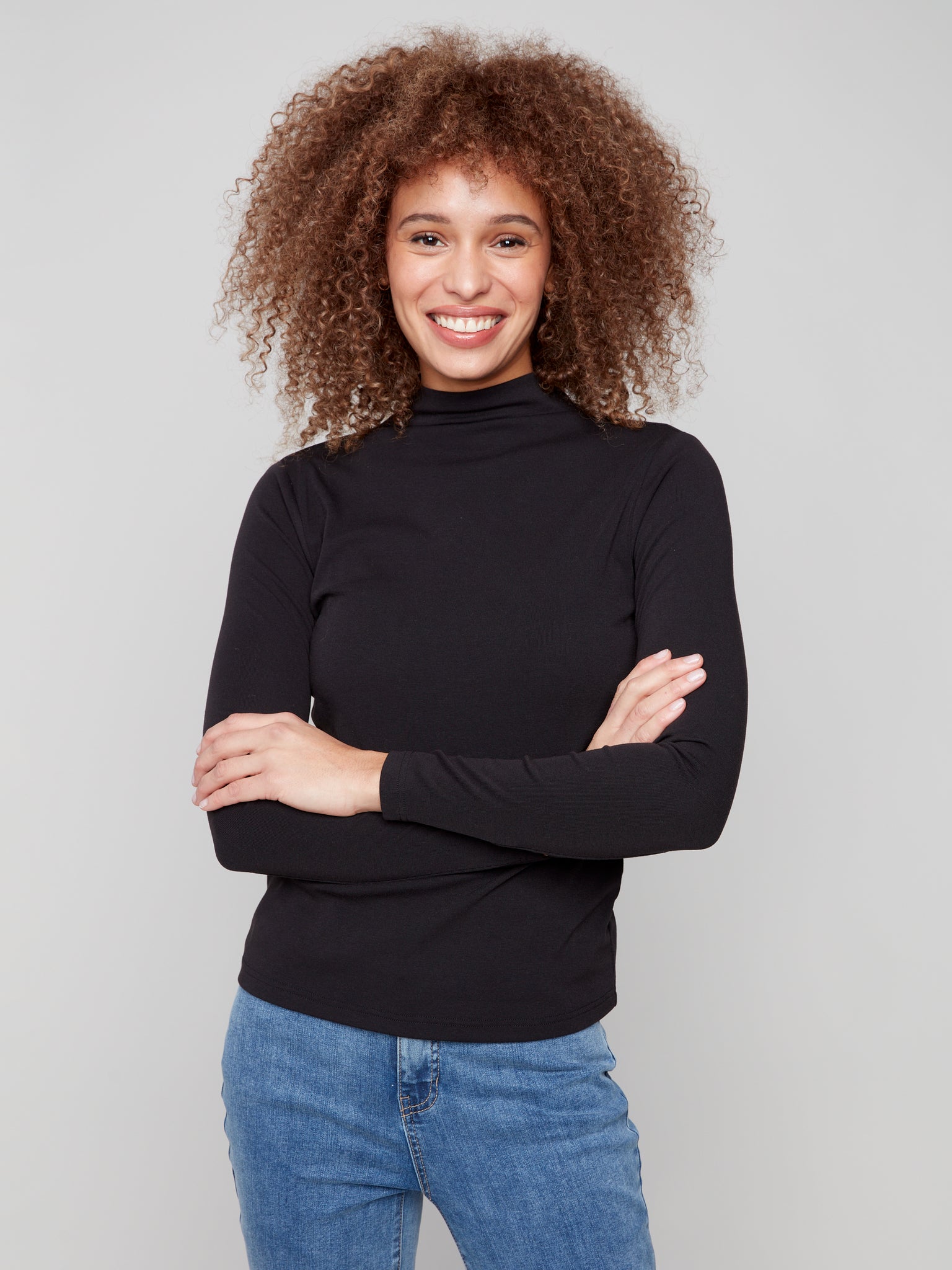 CHARLIE B C1413PK LONG SLEEVE MOCK NECK FINE RIB TOP- 3 COLOURS