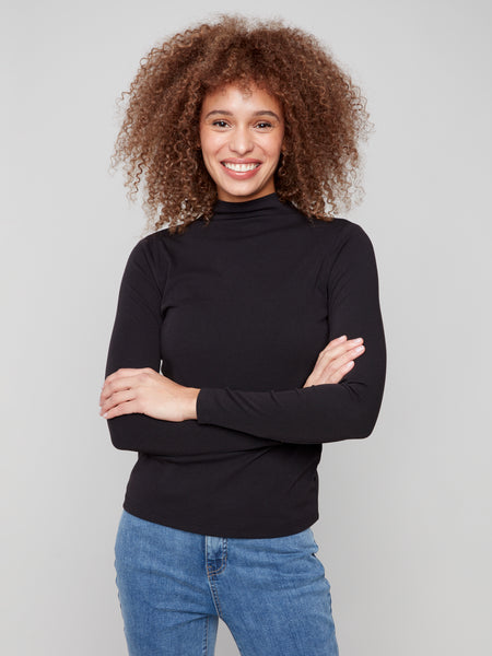 CHARLIE B C1413PK LONG SLEEVE MOCK NECK FINE RIB TOP- 3 COLOURS