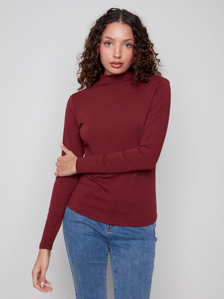 CHARLIE B C1413PK LONG SLEEVE MOCK NECK FINE RIB TOP- 3 COLOURS