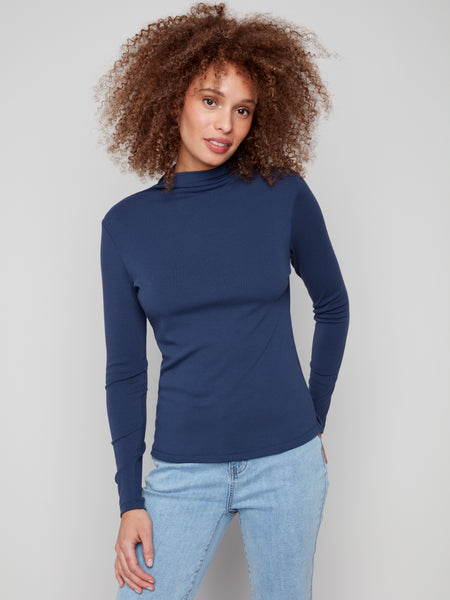 CHARLIE B C1413PK LONG SLEEVE MOCK NECK FINE RIB TOP- 3 COLOURS