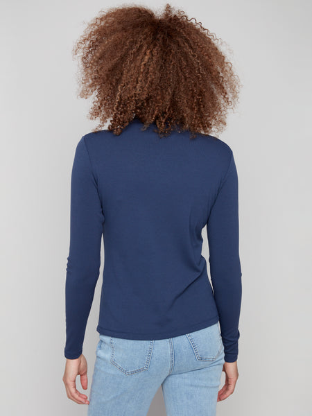 CHARLIE B C1413PK LONG SLEEVE MOCK NECK FINE RIB TOP- 3 COLOURS