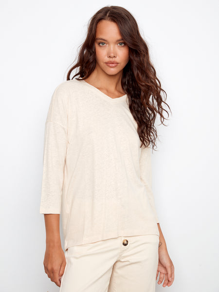 CHARLIE B C1420FPK FOIL PRINT V-NECK 3/4 SLEEVE TOP