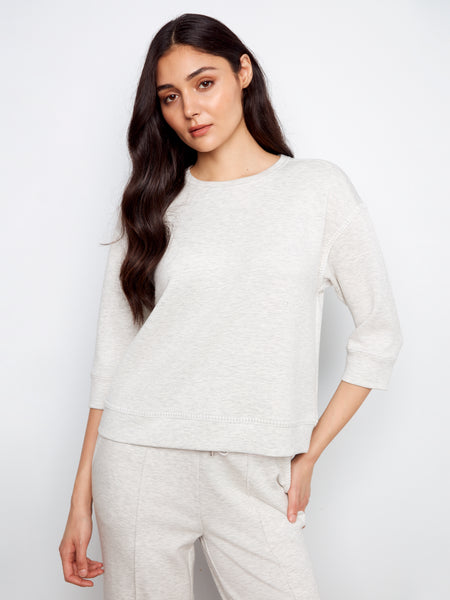 CHARLIE B C1425 SOFT SCUBA 3/4 SLEEVE TOP WITH BLANKET STITCH