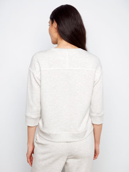 CHARLIE B C1425 SOFT SCUBA 3/4 SLEEVE TOP WITH BLANKET STITCH