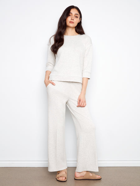 CHARLIE B C1425 SOFT SCUBA 3/4 SLEEVE TOP WITH BLANKET STITCH