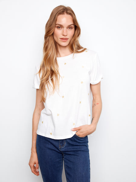 CHARLIE B C1426PK EMBROIDERED FRONT COTTON JERSEY T-SHIRT WITH ROLLED CUFF