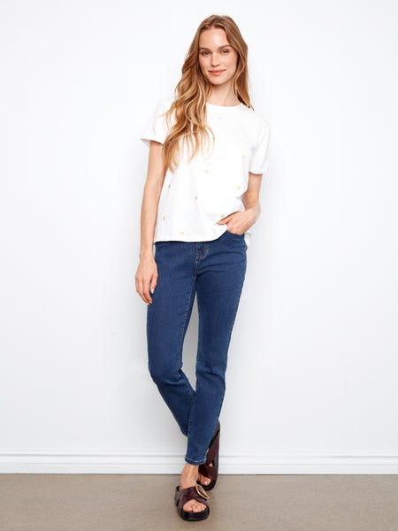CHARLIE B C1426PK EMBROIDERED FRONT COTTON JERSEY T-SHIRT WITH ROLLED CUFF