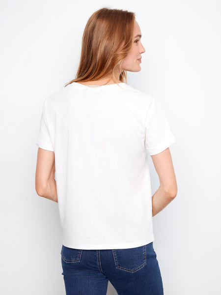 CHARLIE B C1426PK EMBROIDERED FRONT COTTON JERSEY T-SHIRT WITH ROLLED CUFF