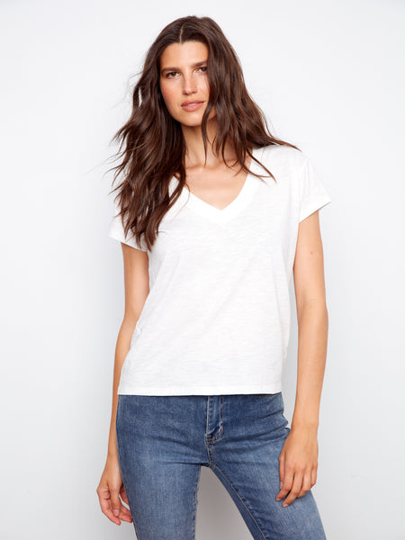 CHARLIE B C1428PK ORGANIC COTTON DROP SHOUDLER V-NECK T-SHIRT- 4 COLOURS