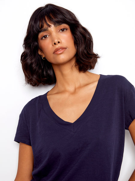 CHARLIE B C1428PK ORGANIC COTTON DROP SHOUDLER V-NECK T-SHIRT- 4 COLOURS