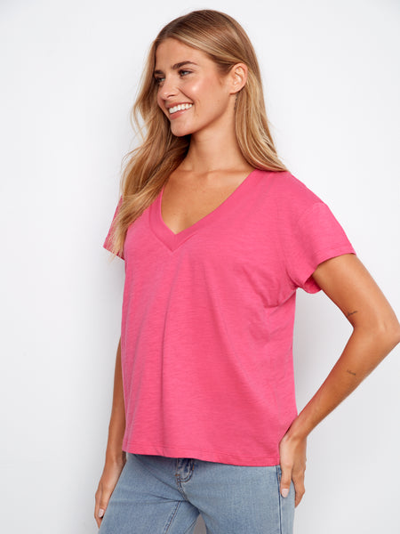 CHARLIE B C1428PK ORGANIC COTTON DROP SHOUDLER V-NECK T-SHIRT- 4 COLOURS