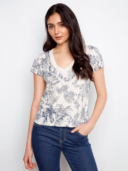 CHARLIE C C1428PPK PRINTED ORGANIC COTTON DROP SHOULDER V-NECK T-SHIRT