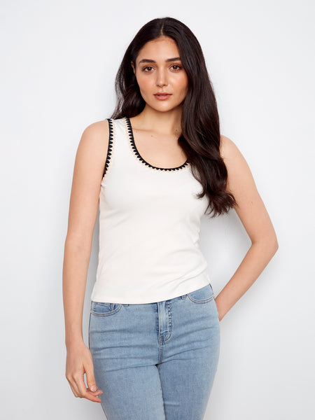 CHARLIE B C1430PK INTERLOCK KNIT TANK TOP WITH CROCHET DETAIL- 2 COLOURS