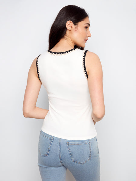 CHARLIE B C1430PK INTERLOCK KNIT TANK TOP WITH CROCHET DETAIL- 2 COLOURS
