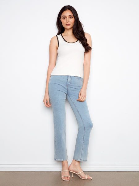 CHARLIE B C1430PK INTERLOCK KNIT TANK TOP WITH CROCHET DETAIL- 2 COLOURS