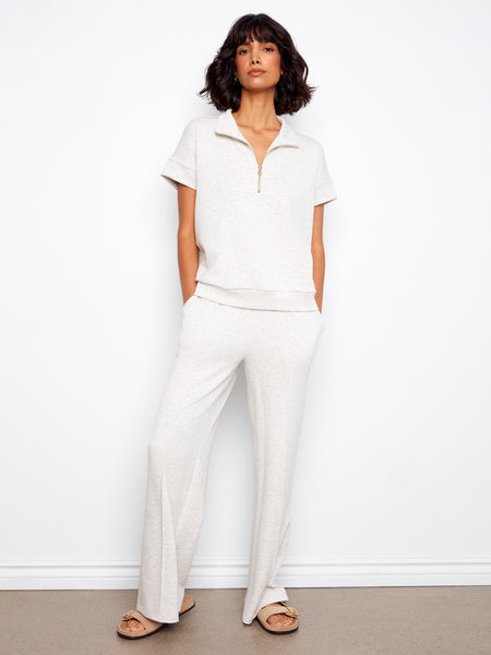 CHARLIE B C1445 SHORT SLEEVE HALF ZIP COLLAR TOP WITH BLANKET STITCH