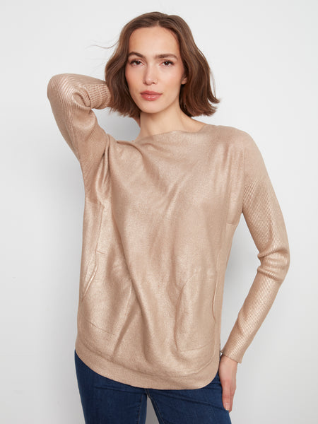 CHARLIE B C2170A METALIC SWEATER WITH BACK DETAIL