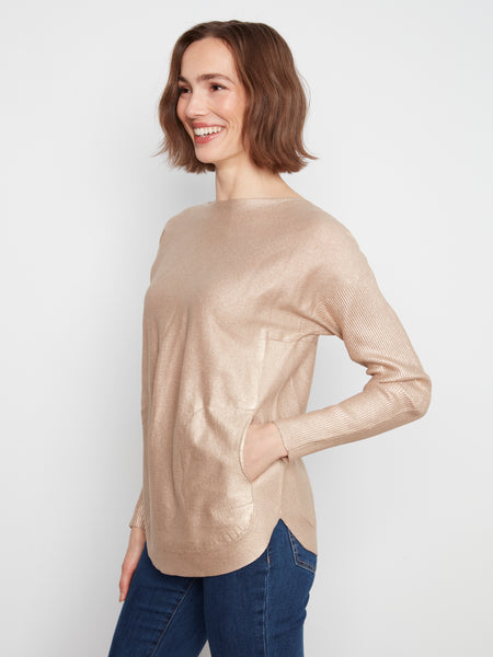 CHARLIE B C2170A METALIC SWEATER WITH BACK DETAIL