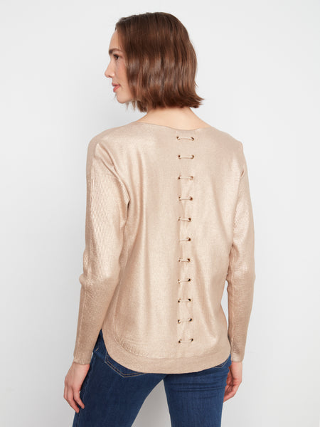 CHARLIE B C2170A METALIC SWEATER WITH BACK DETAIL