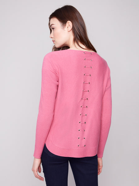 CHARLIE B C2170Z SWEATER WITH BACK LACE UP DETAIL 4 COLOURS