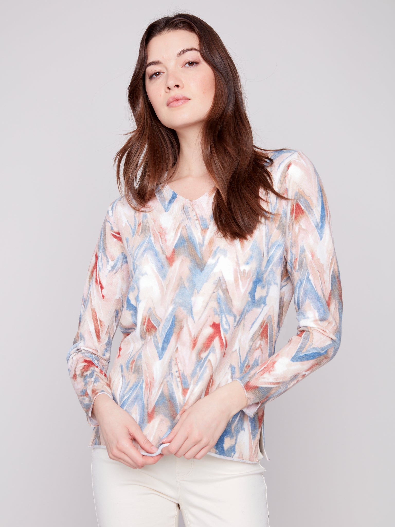 CHARLIE B C2279TP PRINTED V-NECK SWEATER 2 COLOURS
