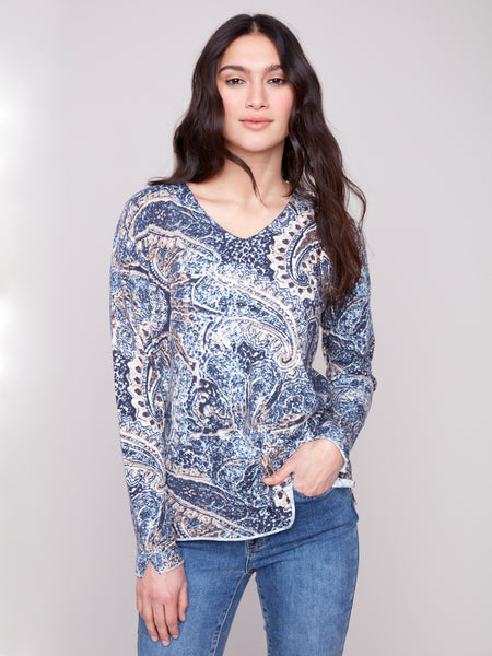 CHARLIE B C2279TP PRINTED V-NECK SWEATER 2 COLOURS