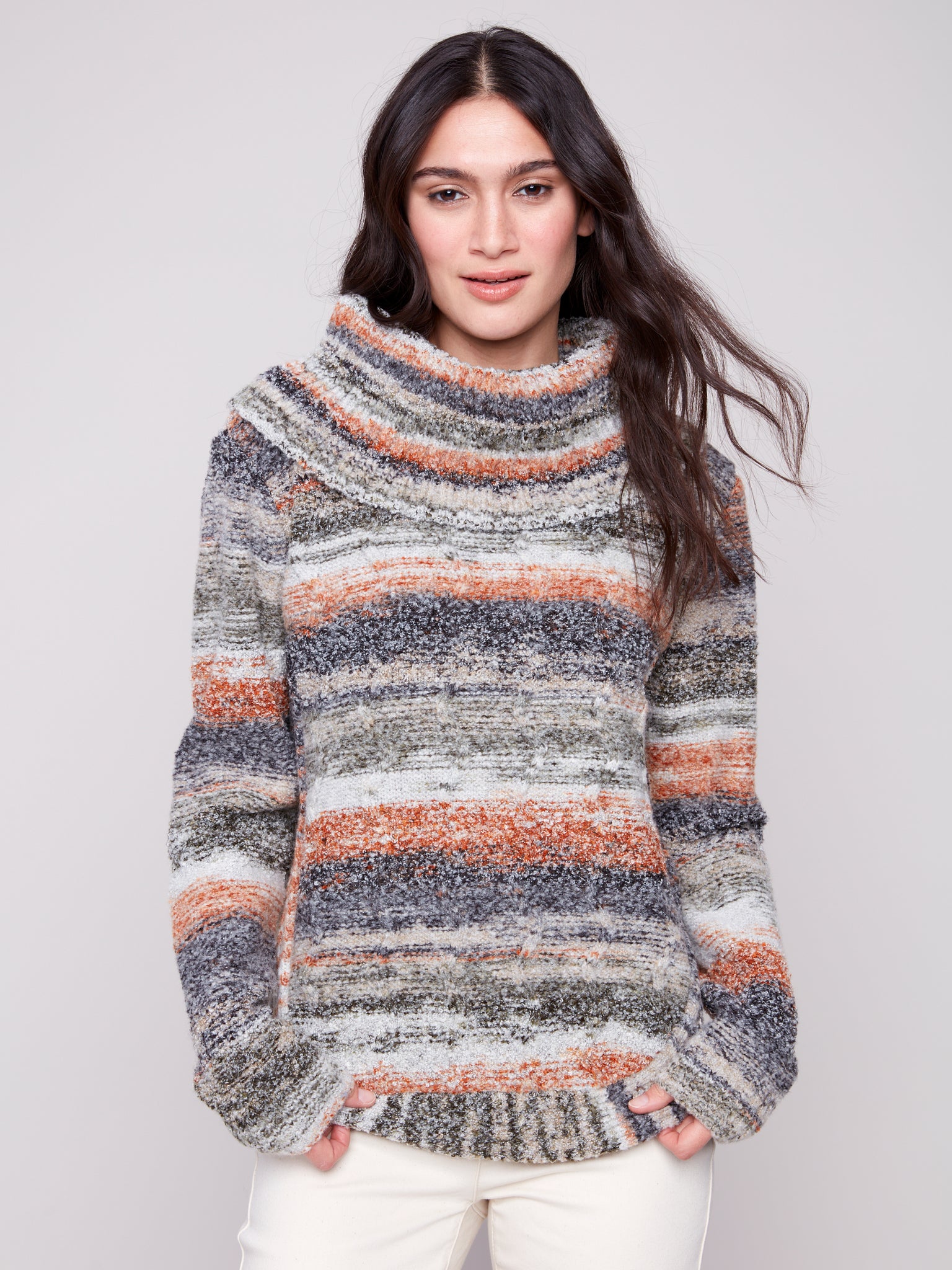 CHARLIE B C2316 COWL NECK ROUND HEM CABLE SWEATER
