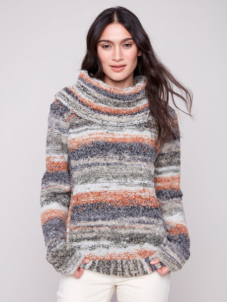 CHARLIE B C2316 COWL NECK ROUND HEM CABLE SWEATER