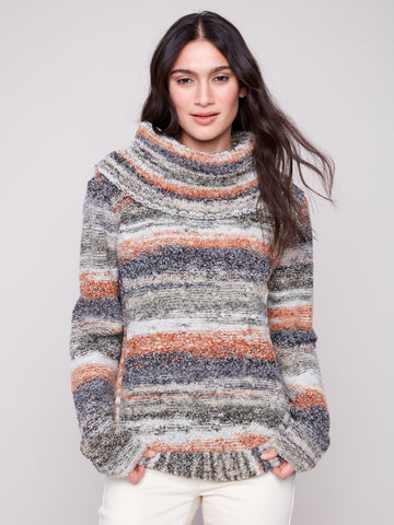 CHARLIE B C2316 COWL NECK ROUND HEM CABLE SWEATER